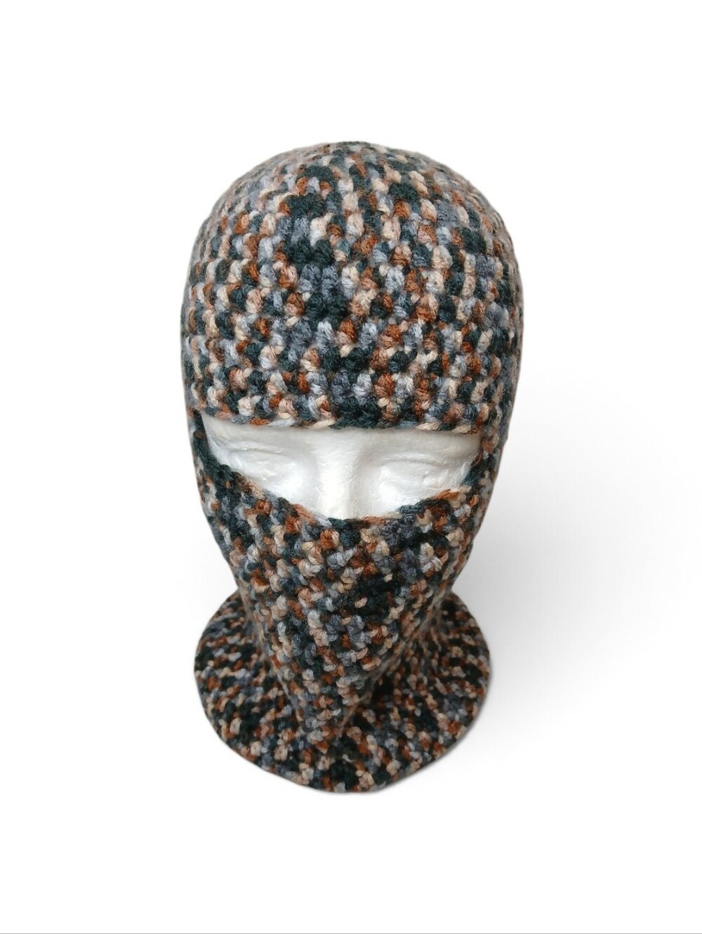 Crochet Handmade Mens Ski Mask in Multi-Tone Green and Brown